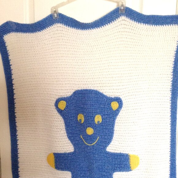 Handmade Knitted Baby Toddlers Teddy Bear Blanket Throw Blue White Soft Warm - Picture 2 of 6